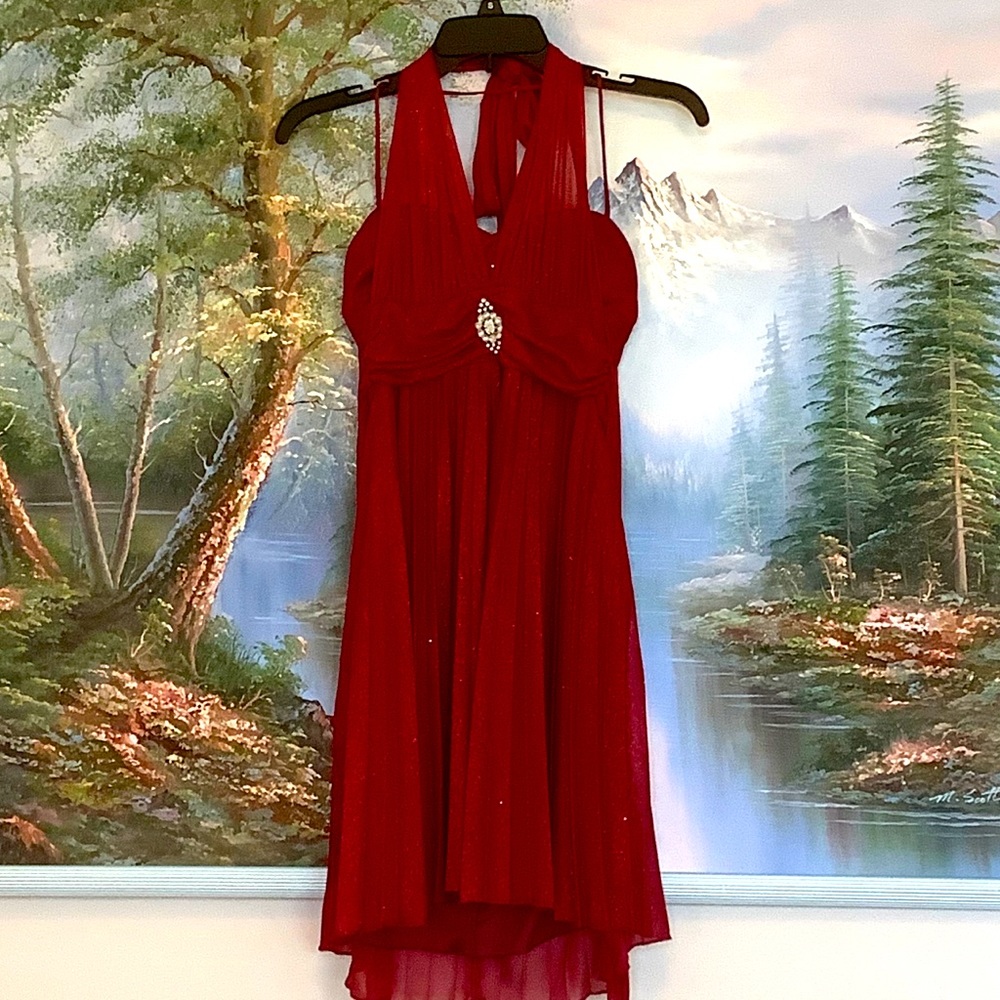 Red Glitter Halter High Low V-neck Dress